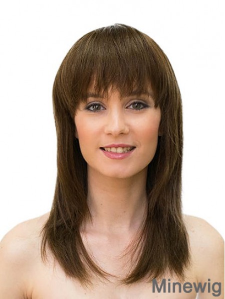 Brown 16inch Straight Long With Bangs Sleek Human Hair Wigs