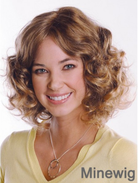 Brown Curly Remy Human Hair Medium Wigs