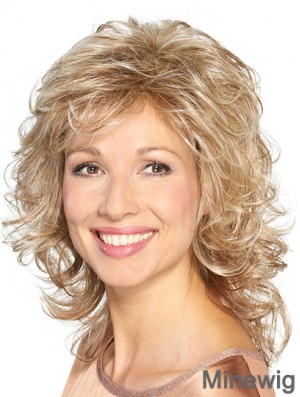 Shoulder Length Capless Platinum Blonde Curly Synthetic Medium Length Wigs