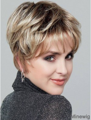 Straight Blonde With Highlights Monofilament Synthetic 6 inch Short Wigs