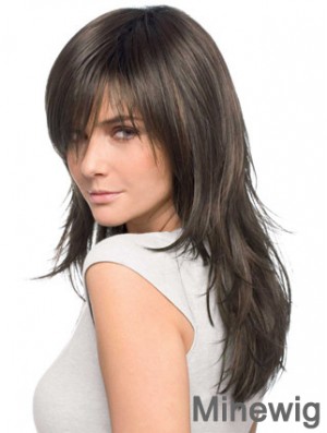 Minewig Best Quality Realistic Brown Straight Remy Human Hair Easy Long Wigs With Bangs