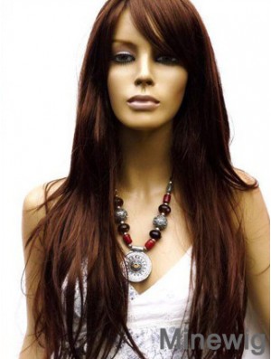 Human Hair Wig Long Length Auburn Color Lace Front With Bangs