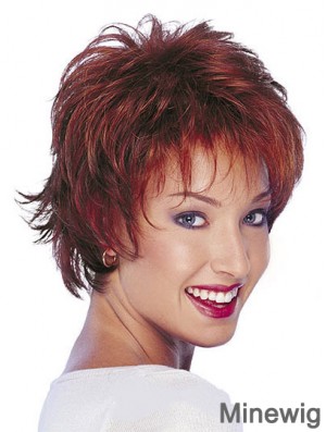 Great Human Hair Natural Wavy Wigs With Capless Short Length Red Color