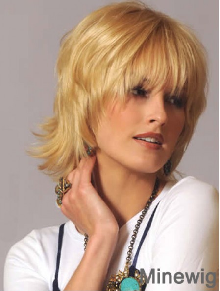 Human Hair Wavy Wigs Blonde Color Wavy Style With Capless