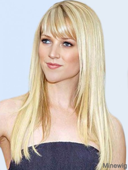 Blonde Remy Human Long Straight With Bangs Mono Wigs Human Hair