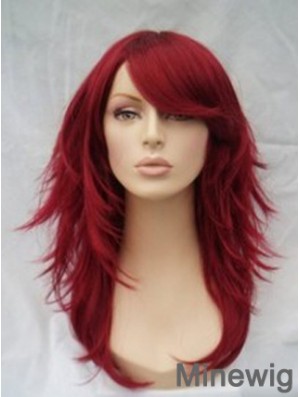 Red Human Hair Wigs Full Wig With Bangs Wavy Style Shoulder Length