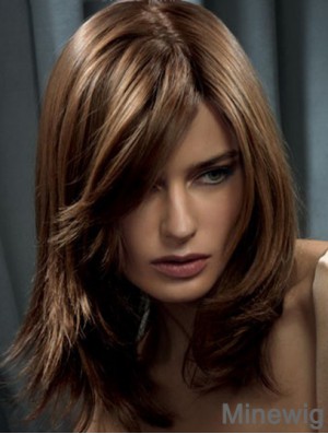 Long Brown Wavy Human Hair Wig With Capless Straight Style