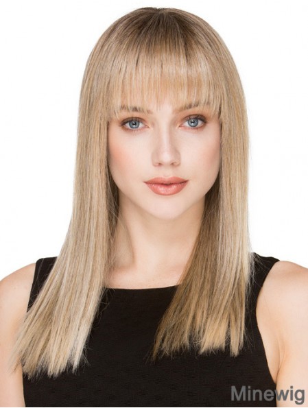 Blonde Long Human Hair Monofilament Wigs With Fringe With Bangs For Women