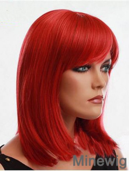 Human Hair Red Wig With Bangs Capless Red Color Straight Style