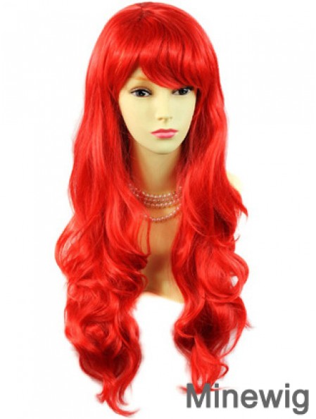 Hot Sale Human Hair Long Wavy With Bangs 24 Inches Red Wigs 