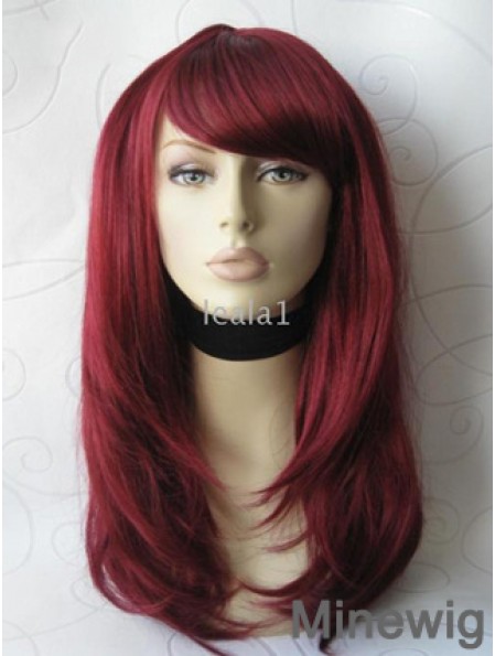 Front Lace Wig With Bangs Long Length Straight Style Red Color