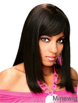 Full Human Hair Wigs With Bangs Full Lace Shoulder Length Black Color