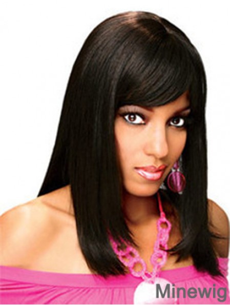 Full Human Hair Wigs With Bangs Full Lace Shoulder Length Black Color