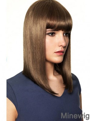 With Bangs High Quality Straight Brown Shoulder Length Human Hair Wigs