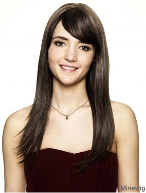 Brown Human Hair Wig Shoulder Length Straight Style With Bangs