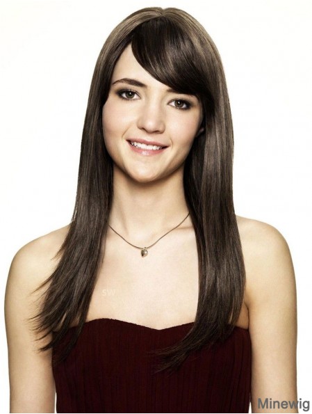 Brown Human Hair Wig Shoulder Length Straight Style With Bangs