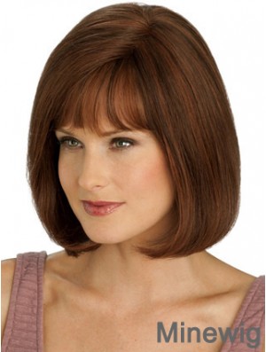 Real Hair Long Bob Wigs With Monofilament Straight Style Auburn Color