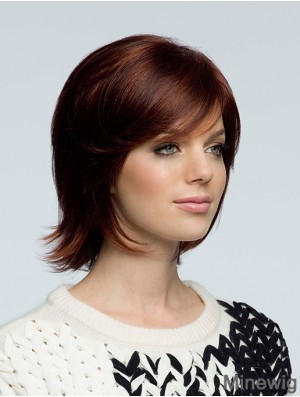Human Hair Chin Length Brown Wavy With Bangs Hand Knotted Wigs