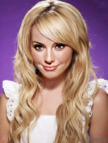 With Bangs Top Wavy Blonde Long Human Hair Lace Front Wigs