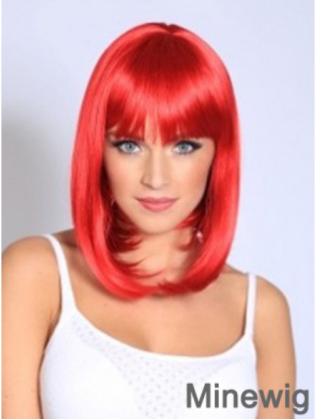 Straight With Bangs Shoulder Length Red Fashionable Lace Front Wigs