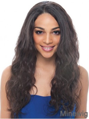 Human Hair 24 inch Black Long Without Bangs Wavy Discount Lace Wigs
