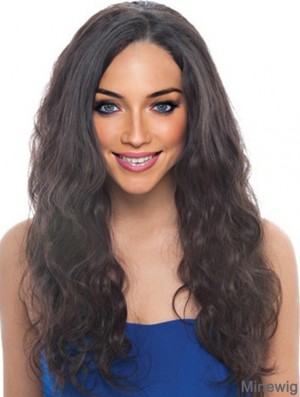 Human Hair 24 inch Black Long Without Bangs Wavy Discount Lace Wigs