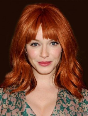 Capless Wavy With Bangs Shoulder Length 16 inch Beautiful Human Hair Christina Hendricks Wigs