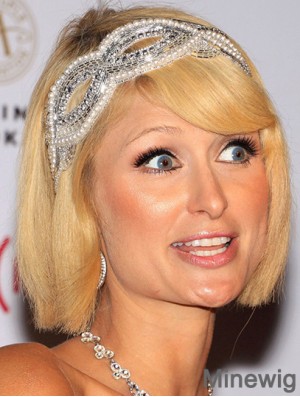 100% Hand-tied Chin Length Straight With Bangs Blonde Amazing Paris Hilton Wigs