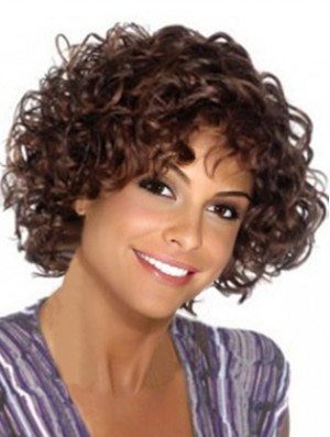 Comfortable Brown Synthetic Capless Chin Length With Bangs Kinky Wigs