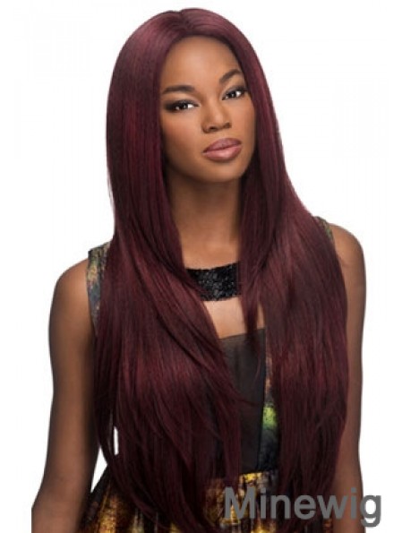 Suitable Red Long Without Bangs Yaki Glueless Lace Front Wigs