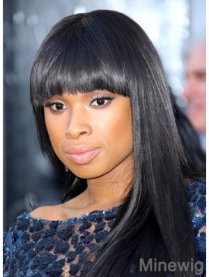 Black Straight Lace Front Mono Human Hair Wigs With Bangs Long Ideal Jennifer Hudson Wigs