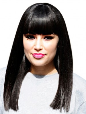 16 inch Designed Black Long Yaki With Bangs Jessie J Wigs