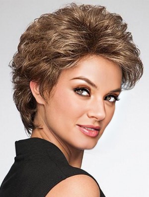 Durable Brown Layered Wavy 4 inch Short Synthetic Wigs For Old Women