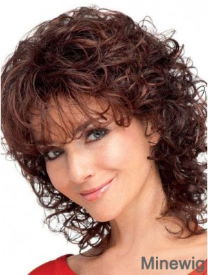 Durable Curly Synthetic Hair With Bangs Auburn Color Shoulder Length Wig
