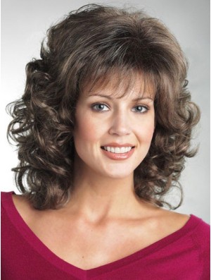Discount Wigs For The Elderly Lady With Bangs Curly Style Shoulder Length