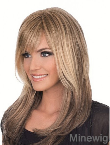 Long Brown With Bangs Straight Comfortable Full Lace Wigs