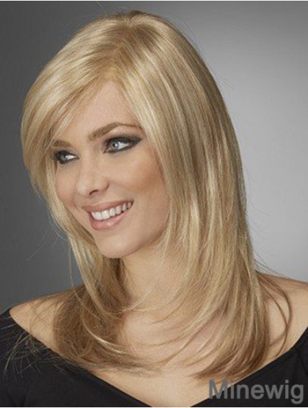 Best Comfortable Synthetic Wigs With Bangs Monofilament Blonde Color Wavy Style