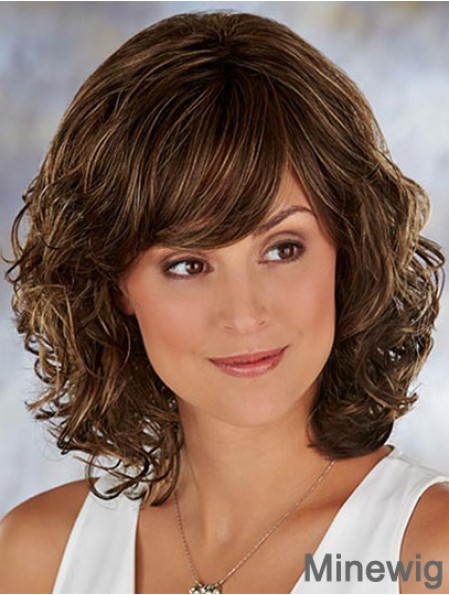 Brown Shoulder Length Wavy With Bangs 13 inch Soft Medium Wigs