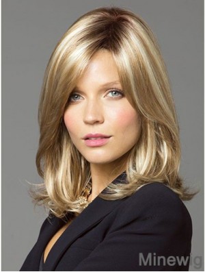 Wavy With Bangs Shoulder Length Blonde Online Lace Front Wigs