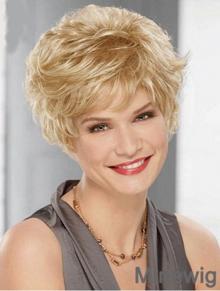 Cheap Synthetic Blonde Color Layered Cut Wavy Style