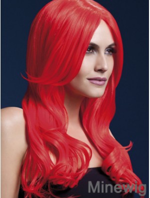 Synthetic Long Hair Wigs Red Color Wavy Style With Capless