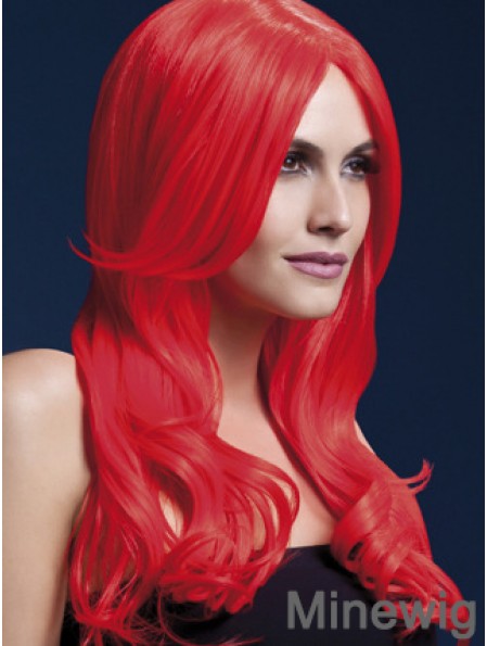 Synthetic Long Hair Wigs Red Color Wavy Style With Capless