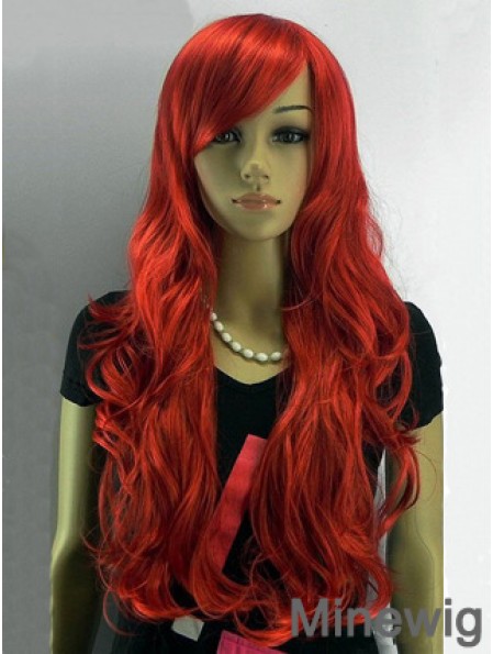 24 inch Wavy With Bangs Capless Red Affordable Long Wigs