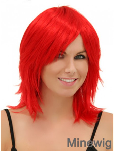 Red Shoulder Length Straight Without Bangs 14 inch Modern Medium Wigs