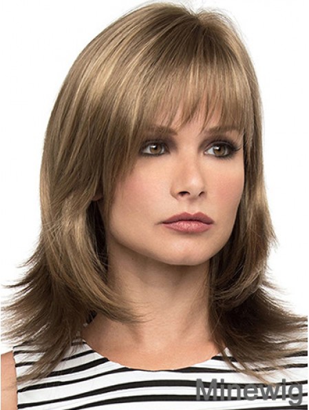 With Bangs Brown Wavy Shoulder Length 14 inch Sassy Medium Wigs