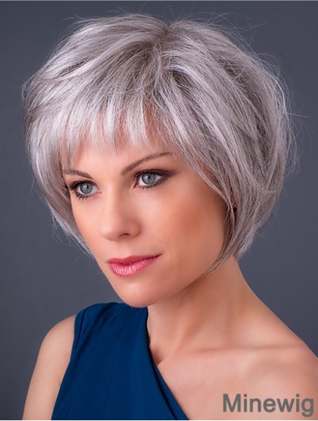 Monofilament 10 inch Chin Length Synthetic Straight Grey Hair Wigs