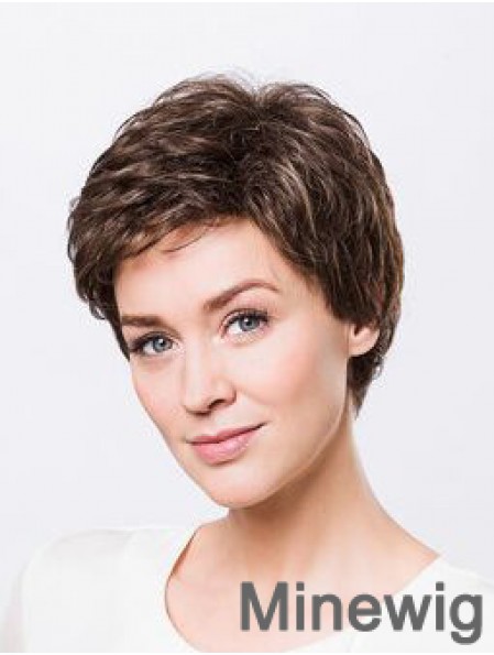 Brown Boycuts Short 8 inch Wavy Synthetic Ladies Monofilament Wigs