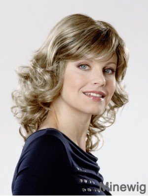 Monofilament Synthetic 14 inch Shoulder Length Curly Blonde With Bangs Cancer Wigs For Women
