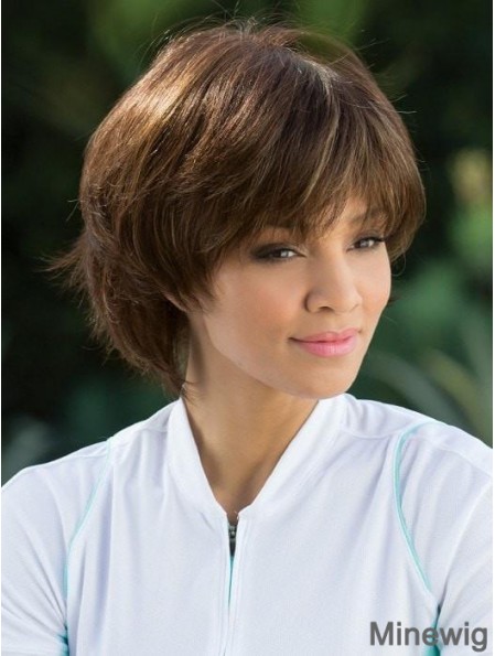 Straight Brown With Bangs 8 inch Mono Top Wigs