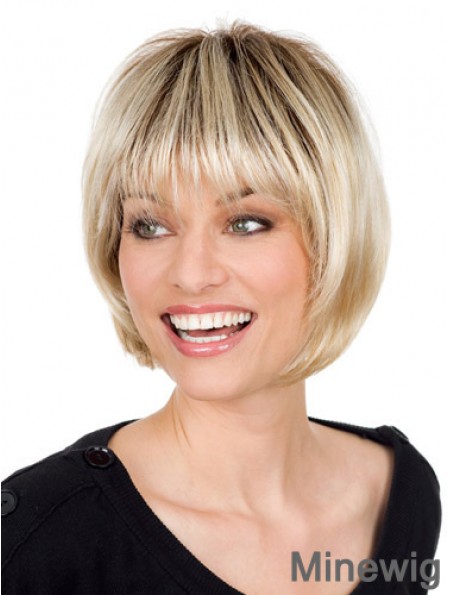 Blonde Monofilament Wig With Bangs Straight Style Chin Length